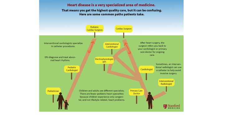 Explaining cardiac care for patients - an infographic shows paths from general to specialized